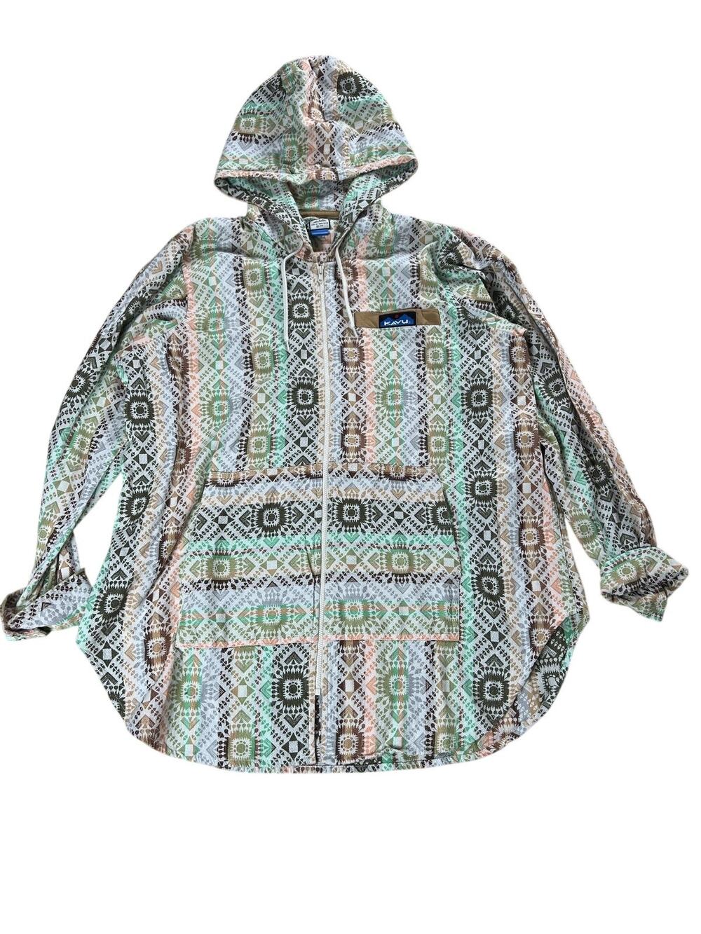 KAVU Sweater Womens M Multicolor Hooded Full Zip Tribal Knit Lightweight